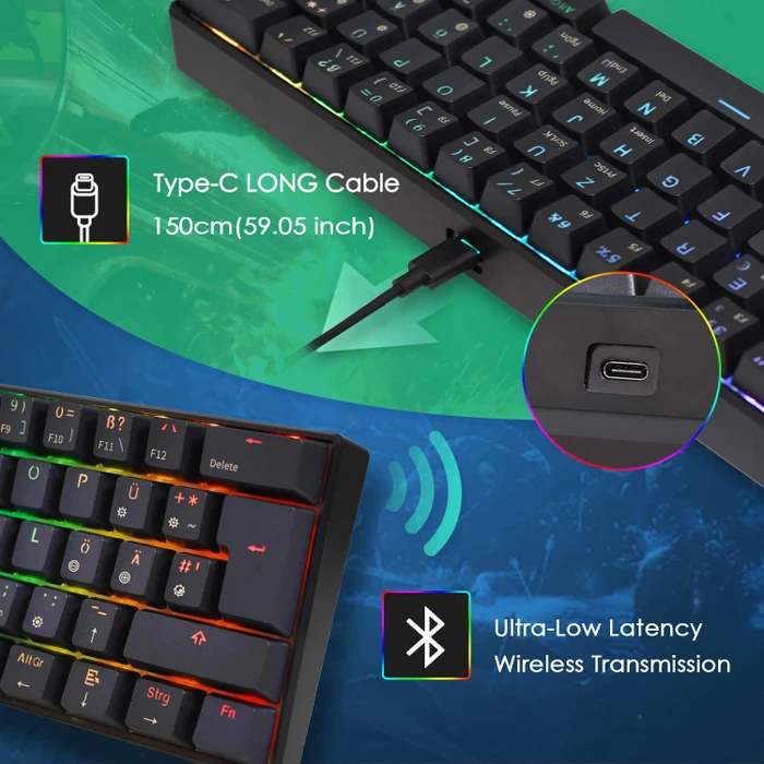 RK Royal Kludge RK61 60% Wireless, schwarz, LEDs RGB, Gateron RED, USB/Bluetooth, DE