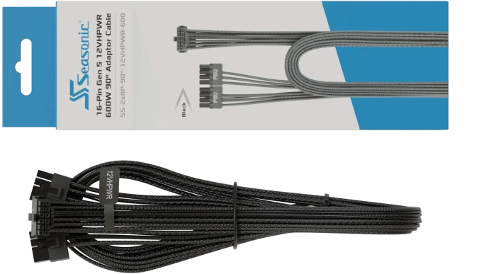 Seasonic 12VHPWR Cable, 600W PCIe 5.0 12VHPWR, 2x 8-Pin PCIe Stecker auf 16-Pin PCIe 5.0 12VHPWR Stecker, Adapterkabel, schwarz, 90° gewinkelt, 75cm
