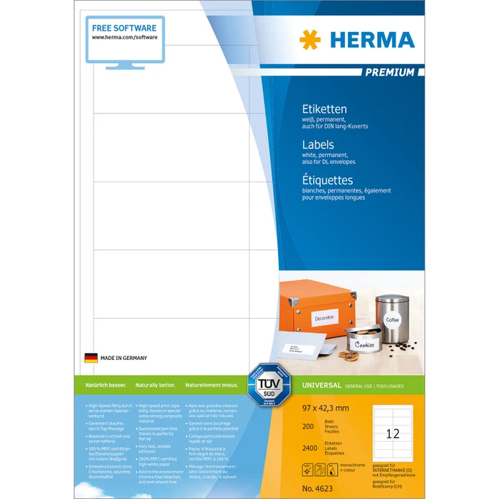 Herma Etiketten Premium, 97x42.3mm, weiß, matt, 200 Blatt (2400 Etiketten)