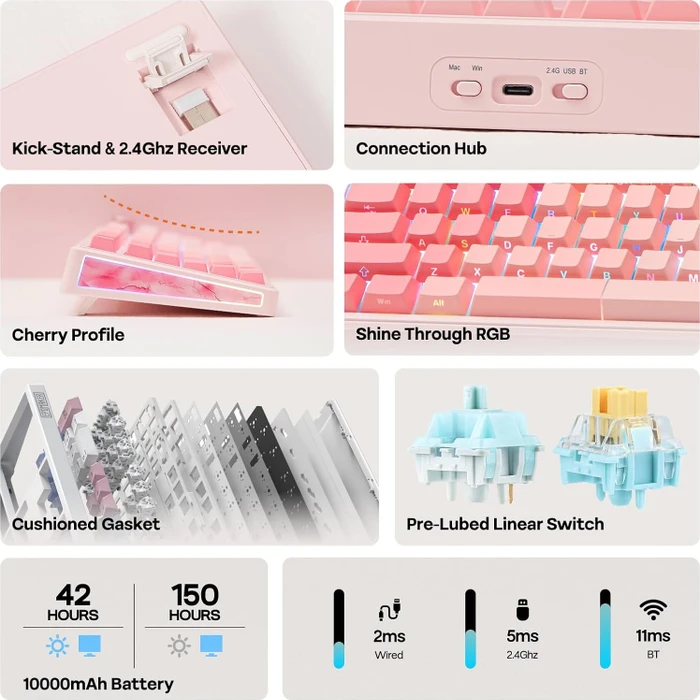 Epomaker TH108 V2 Pro Wireless, Pink, LEDs RGB, hot-swap, Epomaker Sea Salt Silent V2, USB/Bluetooth, US
