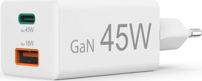 Hama GaN Schnellladegerät, USB-C/USB-A, 1x USB-C + 1x USB-A, 45W, weiß