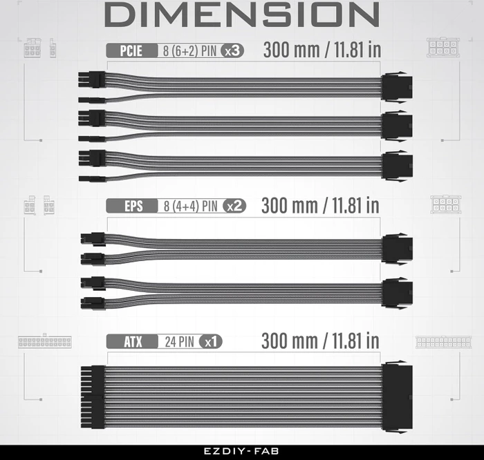 EZDIY-FAB Cable Extension Kit, 1x 24-Pin, 2x 4/8-Pin ATX, 3x 8-Pin PCIe, 18AWG, grau
