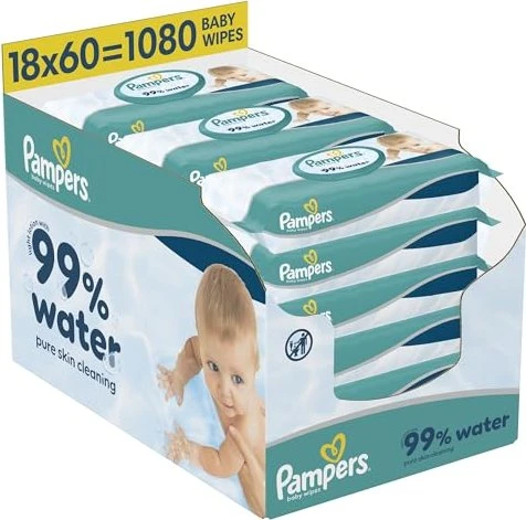 Pampers 99% Water Feuchttücher, 1080 Stück (18x 60 Stück)