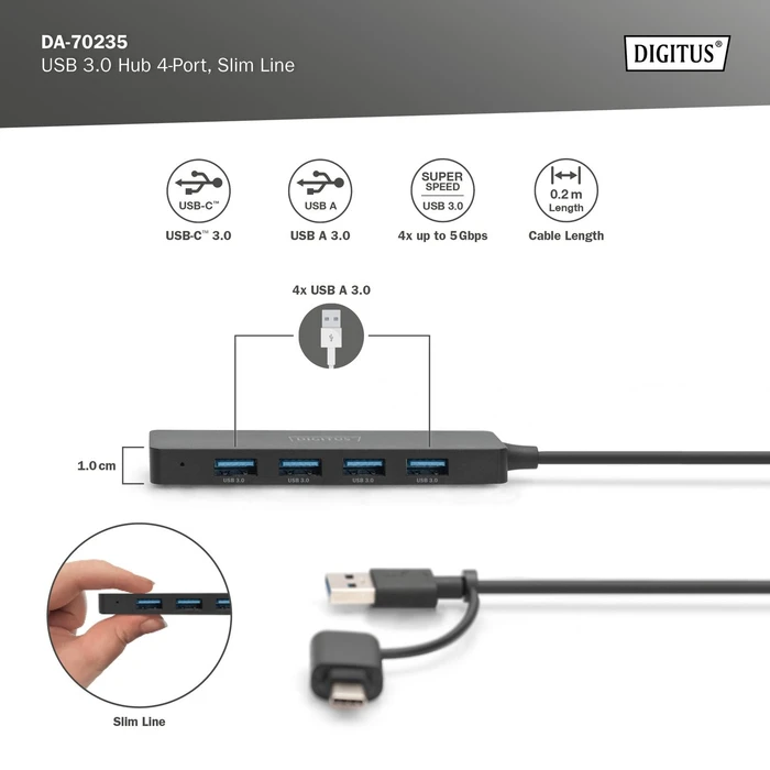 Digitus 4-Port Slim Line Hub, 4x USB-A 3.0, USB-A/USB-C 3.0 [Stecker]