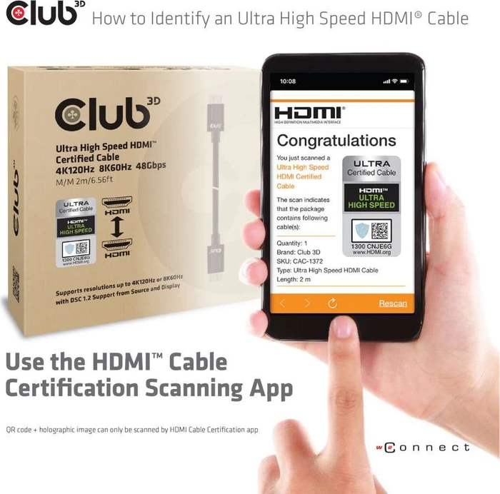 Club 3D Ultra High Speed HDMI 2.1 Kabel 4K120Hz, 8K60Hz, 48Gbps zertifiziert, 1.50m