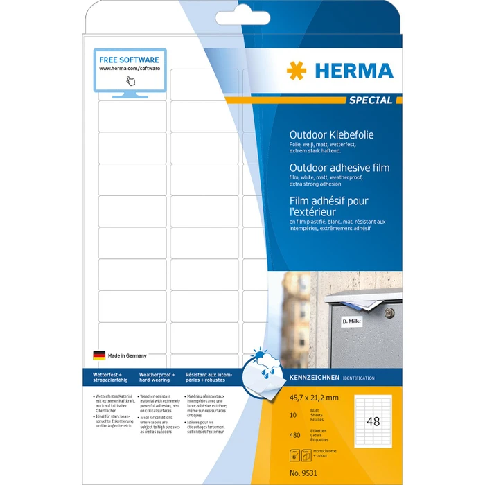 Herma Etiketten Outdoor, 45.7x21.2mm, wetterfest, weiß, matt, 10 Blatt (480 Etiketten)