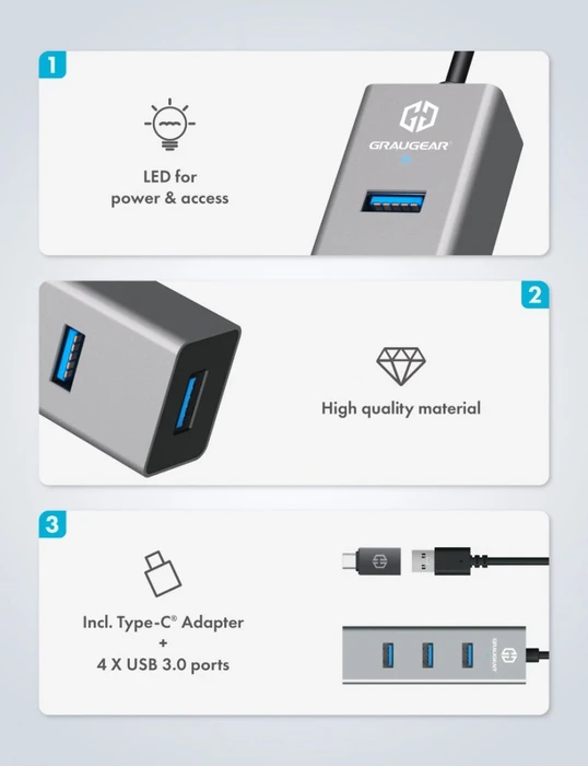 Graugear G-HUB4-AC, USB-Hub, 4x USB-A 3.0, USB-A/USB-C 3.0 [Stecker]