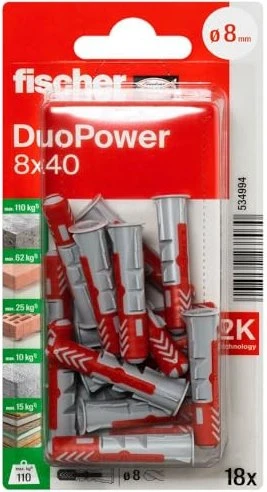 fischer DuoPower 8x40 K Universaldübel, 8x40mm, 18 Stück