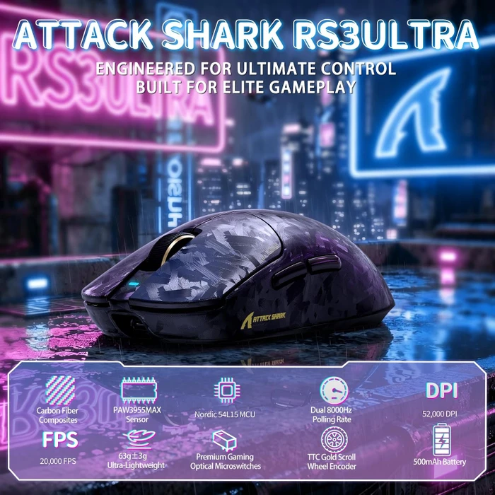 Attack Shark RS3 ULTRA Carbon Fiber 8KHz Wireless, Forged Black, USB/Bluetooth