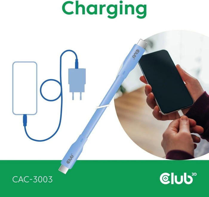 Club 3D USB4 Kabel, 20Gb/s, 240W PD EPR, USB-C Stecker auf USB-C Stecker, 2m, blau