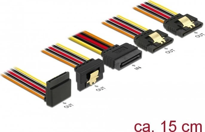 DeLOCK 15-Pin SATA Strom Stecker auf 4x 15-Pin SATA Strom Buchse, Adapterkabel, 2x gewinkelt, 15cm
