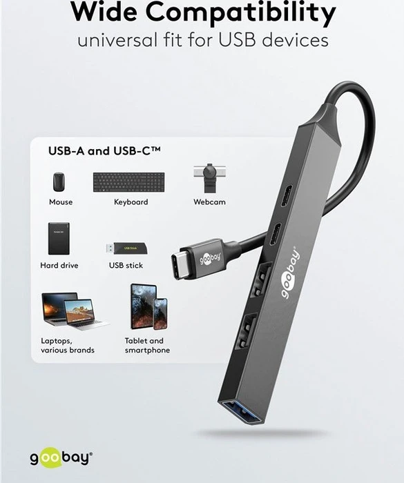 Wentronic goobay Slim 4-Port USB-Hub, 1x USB-A 3.0/2x USB-C 2.0/2x USB-A 2.0, USB-C 3.0 [Stecker]