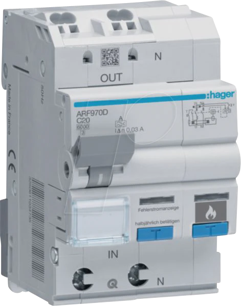 Hager Fehlerlichtbogen-Schutzeinrichtung AFDD FI-LS 1P+N 6kA C-20A 30mA Typ A 3m