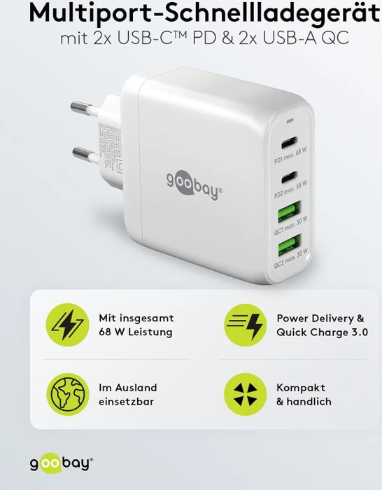 goobay 4-Port GaN Netzteil, USB-C/USB-A, 2x USB-C + 2x USB-A, 68W, weiß