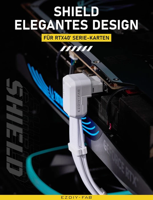 EZDIY-FAB 12V-2x6 Kabel, Shield, 16-Pin PCIe Verlängerungskabel, 1x 16-Pin PCIe 5.1 Buchse auf 16-Pin PCIe 5.1 Stecker, Variante Reverse, Sense-Pins an der Oberseite, 16AWG, weiß, 90° gewinkelt