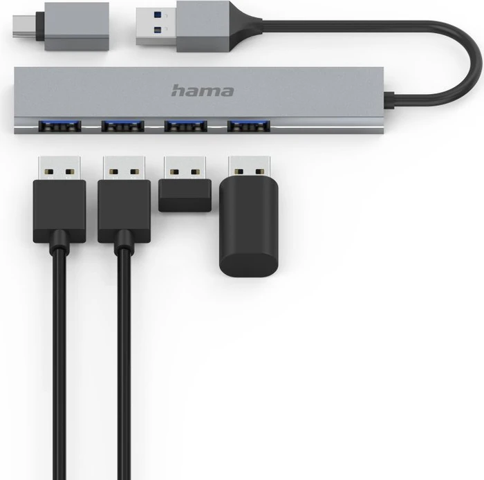 Hama USB-Hub Slim inkl. USB-C-Adapter, 4x USB-A 3.0, USB-A/USB-C 3.0 [Stecker]