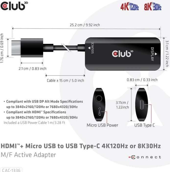 Club 3D HDMI 2.1 [Stecker] auf USB-C [Buchse] Adapterkabel, aktiv, schwarz