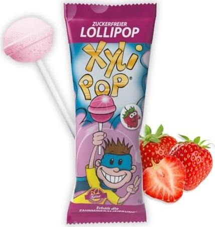 Miradent XyliPOPs Zahnremineralisierung Zahnpflege Lollipop Erdbeere, 150g (25x 6g)