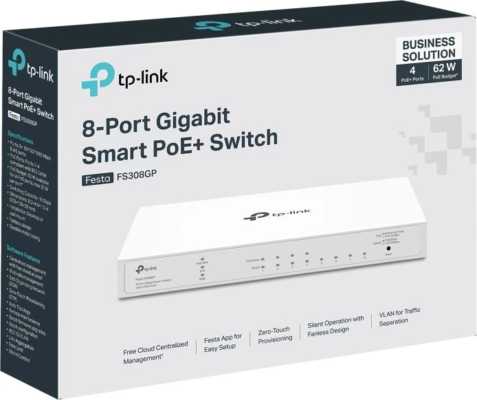 TP-Link Festa FS300 Desktop Gigabit Smart Switch, 8x RJ-45, 62W PoE+