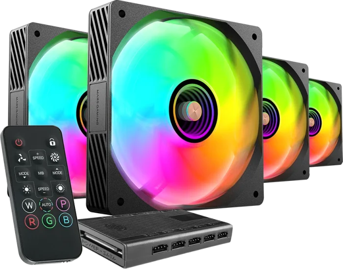 Mars Gaming MF-SI4KIT ARGB Fan Kit, schwarz, LED-Steuerung, Fernbedienung, Lüftersteuerung, 120mm, 4er-Pack
