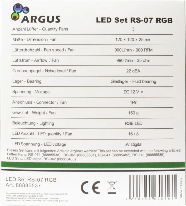 Inter-Tech Argus RS-07 RGB, LED-Steuerung, Fernbedienung, 120mm, 3er-Pack