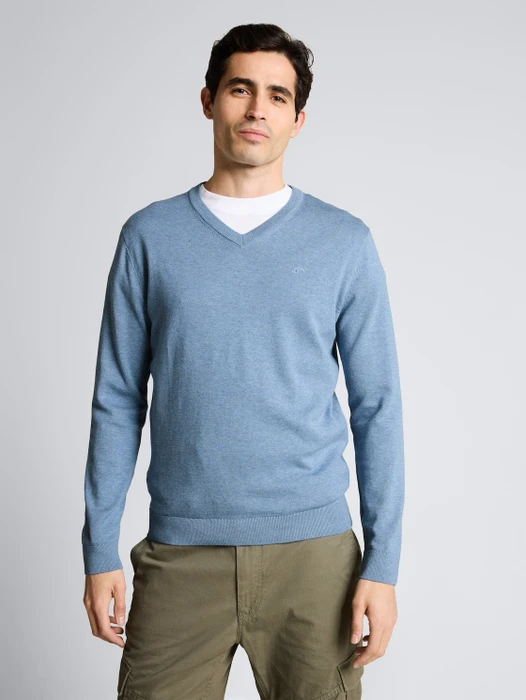 Tom Tailor Strickpullover mit V-Ausschnitt aus Baumwolle Strickpullover mountain spring blue melange (Herren)