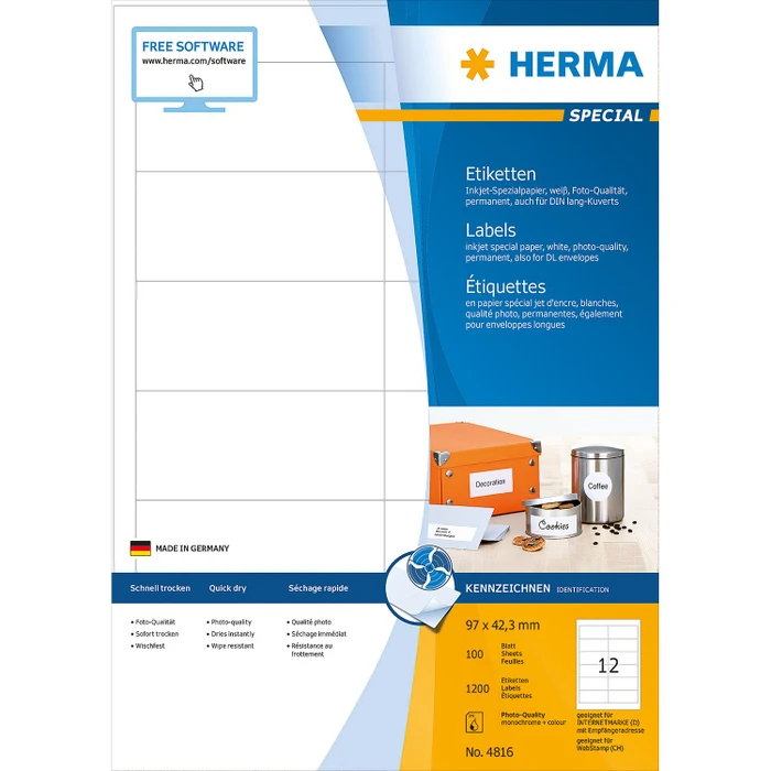 Herma Adressetiketten Inkjet, 97x42.3mm, weiß, matt, 100 Blatt (1200 Etiketten)