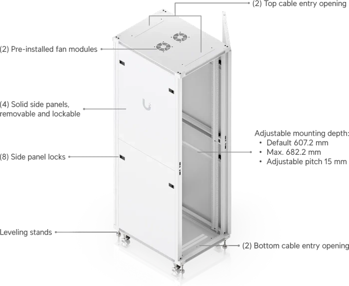 Ubiquiti 42U Rack Cabinet, 19" Rackschrank 42HE, mit Rollen, Gitternetztür, weiß, 800mm tief