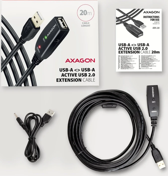 Axagon USB-A Verlängerung, USB 2.0, 480Mb/s, USB-A 2.0 [Stecker] auf USB-A 2.0 [Buchse], aktiv, Verlängerungskabel A/A, 20m