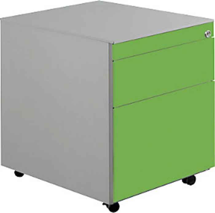 mauser Rollcontainer line, 1x Utensilienauszug, 1x Materialschublade, 1x Hängeregistratur, weißaluminium/gelbgrün