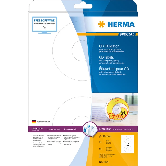 Herma CD-Folienetiketten mit großem Spindelloch, 116mm, transparent, glänzend, 25 Blatt (50 Etiketten)