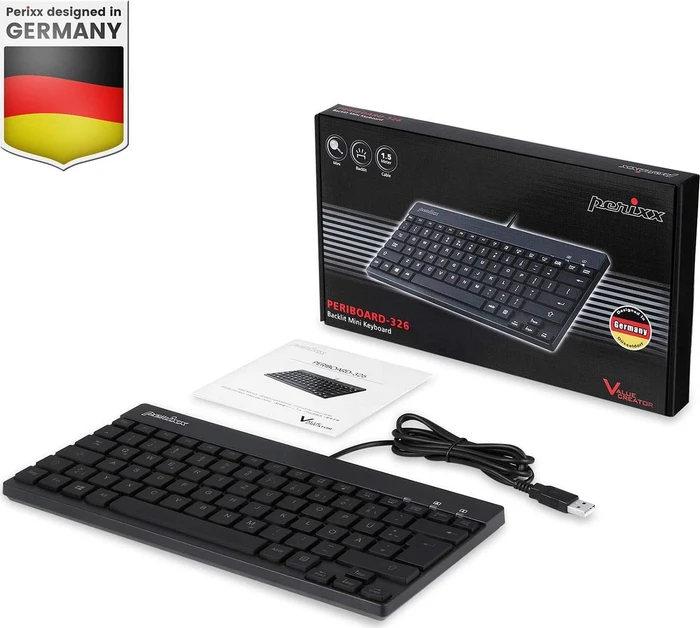 Perixx Periboard-326 Mini, LEDs weiß, schwarz, USB, DE