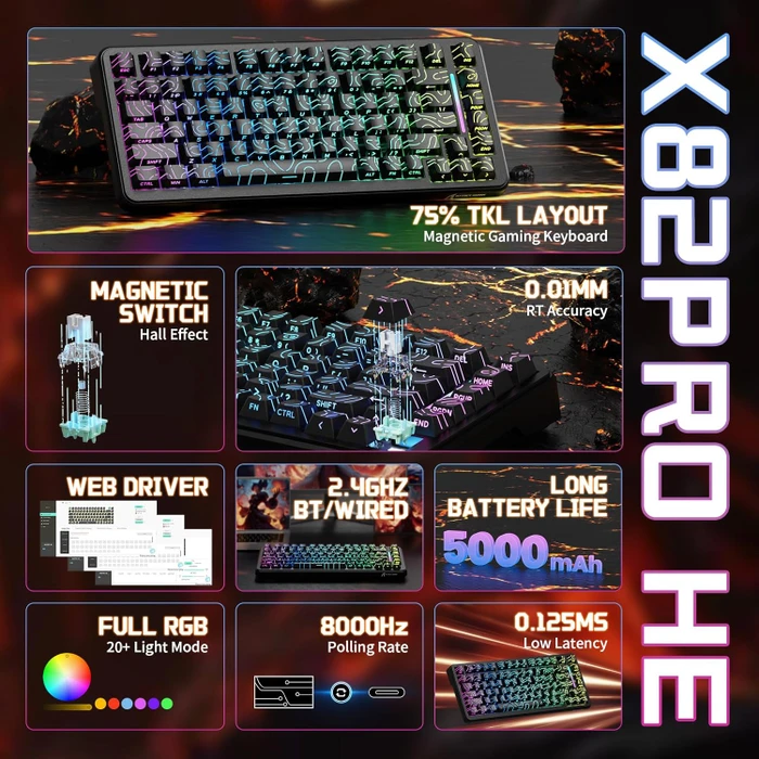 Attack Shark X82PRO HE Magnetic 75%, schwarz mit Kontur, LEDs RGB, Outemu White Jade Magnetic, USB/Bluetooth, US