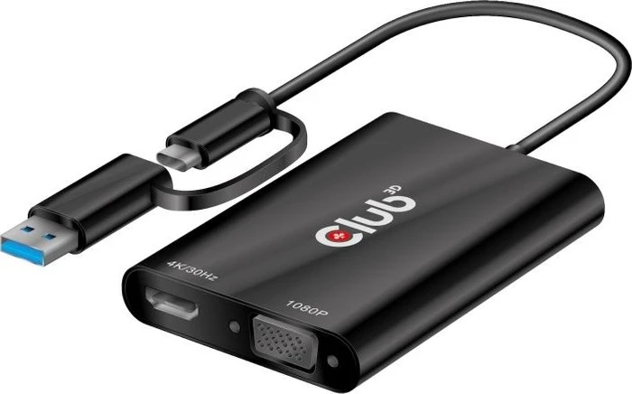 Club 3D USB-C/USB-A 3.0 [Stecker] auf HDMI 4K/30Hz [Buchse], VGA 1080/60Hz [Buchse], M/F Adapter
