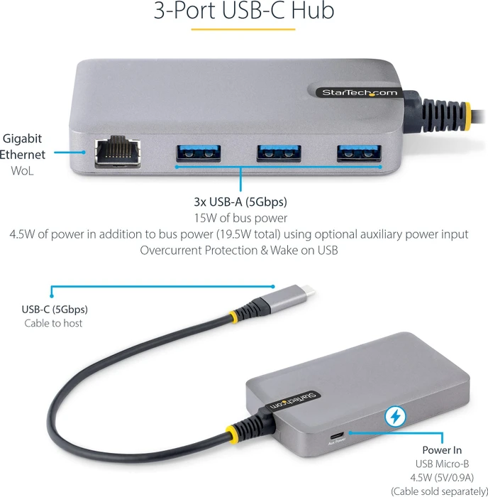 StarTech 3 Port USB-C Hub mit Ethernet, RJ-45, USB-C 3.0 [Stecker]