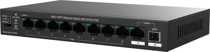Tenda TEG1100 Desktop Gigabit Switch, 9x RJ-45, 1x SFP, 120W PoE+