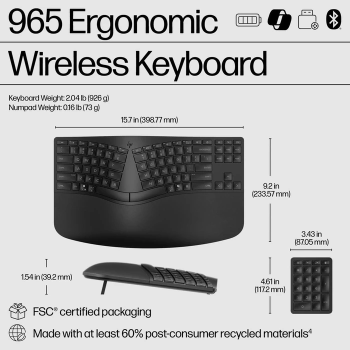 HP 960 Ergonomic Wireless Keyboard, schwarz, USB/Bluetooth, US