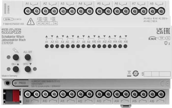 Jung KNX Schaltaktor 16-fach/Jalousieaktor 8-fach, 8TE REG, Schaltaktor