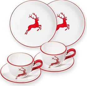 Gmundner Keramik Rubinroter Hirsch Frühstück für 2 Cup Frühstücksservice, 4-tlg.