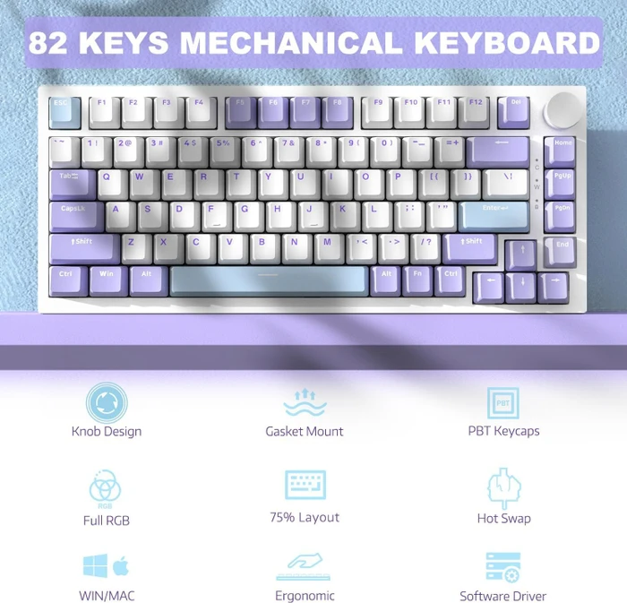 Ajazz AK820, White Purple, LEDs RGB, hot-swap, Ajazz Sea Salt, USB, US