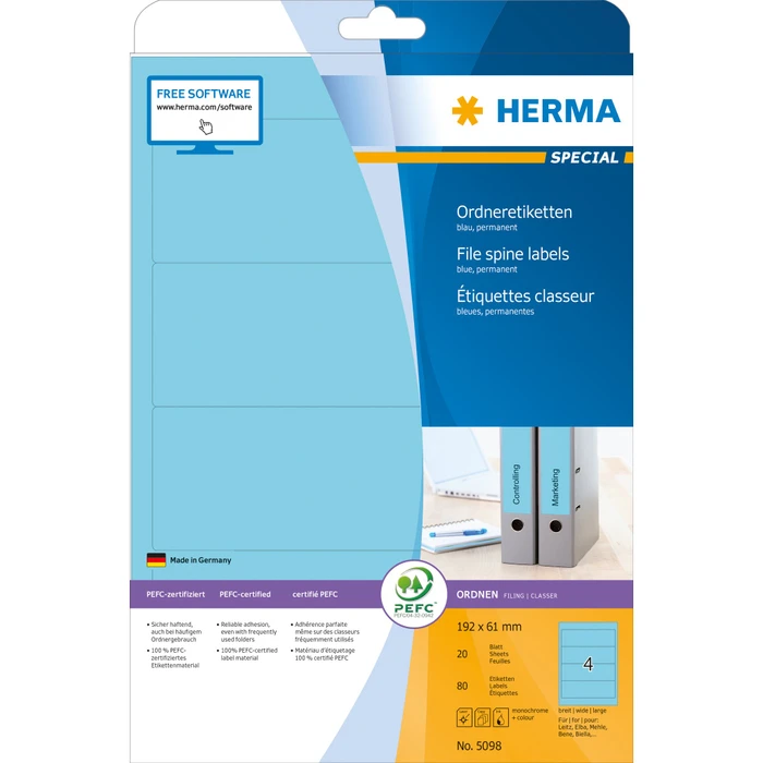 Herma Ordneretiketten, 192x61mm, blau, 20 Blatt (80 Etiketten)