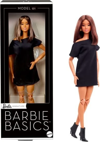 Mattel Barbie - Basics - Modell 1 mit Brünetten Haaren in Schwarzem Kleid und Spitzen Stiefeletten