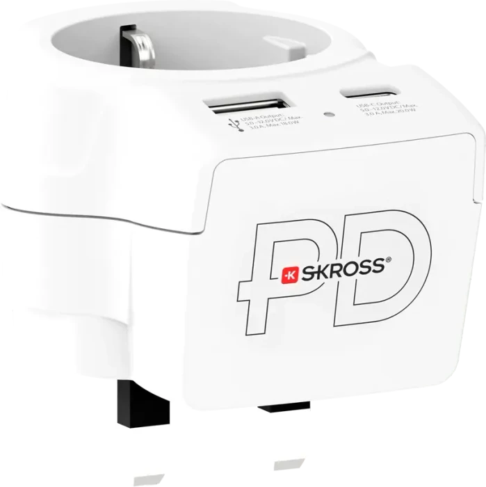 Skross Europe to UK USB AC20PD, 1x USB-A, 1x USB-C