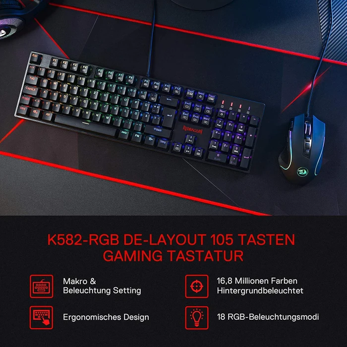Redragon K582 Surara, LEDs RGB, hot-swap, Outemu Red, USB, US