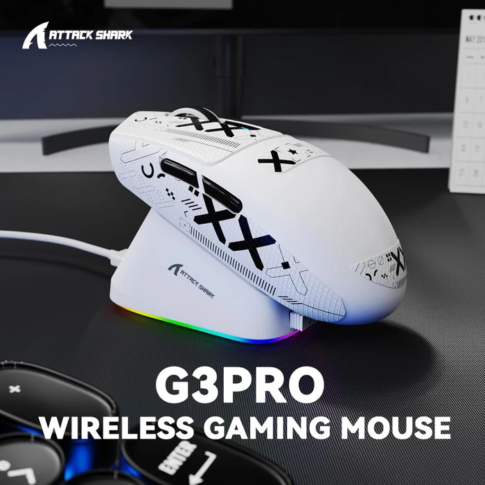 Attack Shark G3Pro Tri-mode Wireless Gaming Mouse mit Ladestation, White, inkl. Grip Tape, USB/Bluetooth