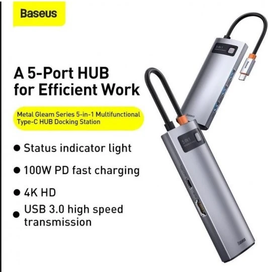Baseus Metal Gleam 5-in-1 Hub, USB-C 3.0 [Stecker]