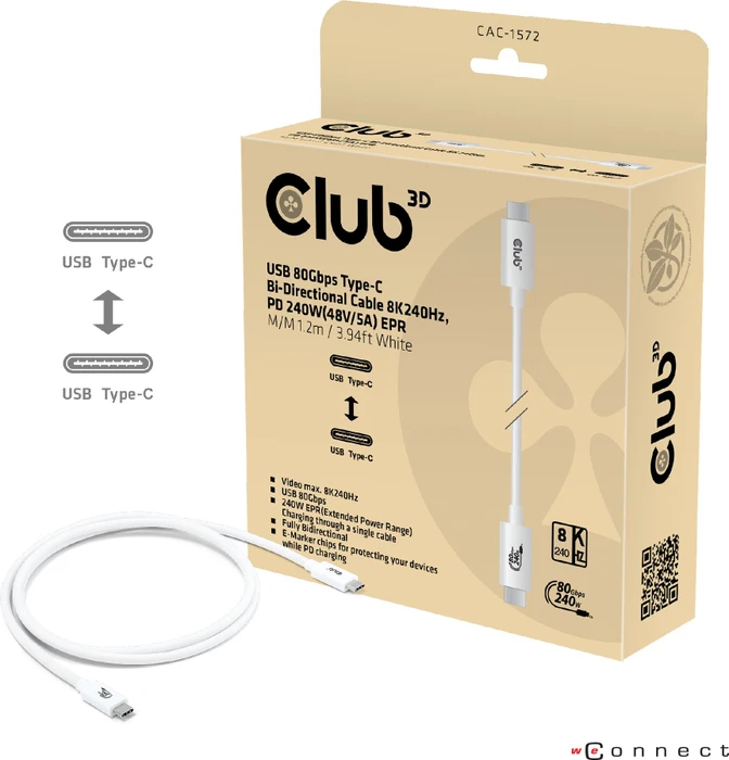 Club 3D USB-C Kabel, USB4 Gen4x2, 80Gb/s, 8K240Hz, 240W PD EPR, USB-C Stecker auf USB-C Stecker, 1.2m, weiß