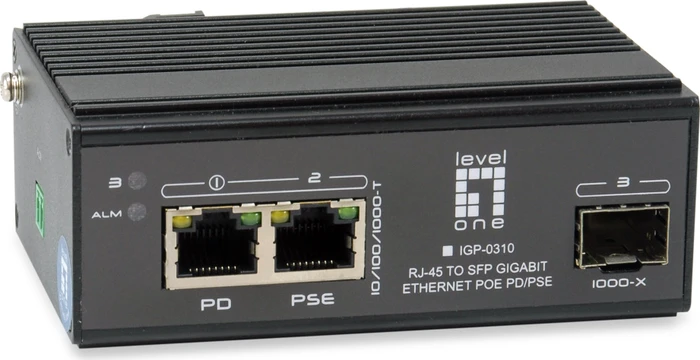 LevelOne IGP Industrial Railmount Gigabit Switch, 2x RJ-45, 1x SFP, 30W PoE+ PD