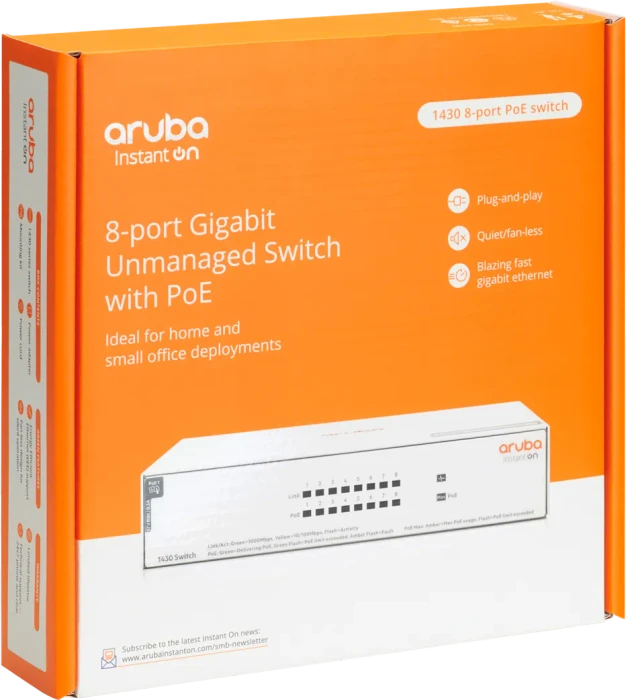 HPE Aruba Instant On 1430 Desktop Gigabit Switch, 8x RJ-45, 64W PoE+