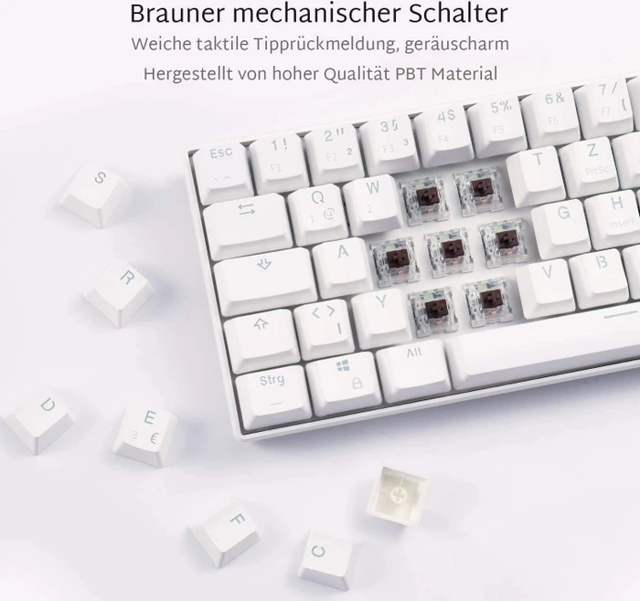 RK Royal Kludge RK61 60% Wireless, weiß, LEDs blau, Kailh BROWN, USB/Bluetooth, DE